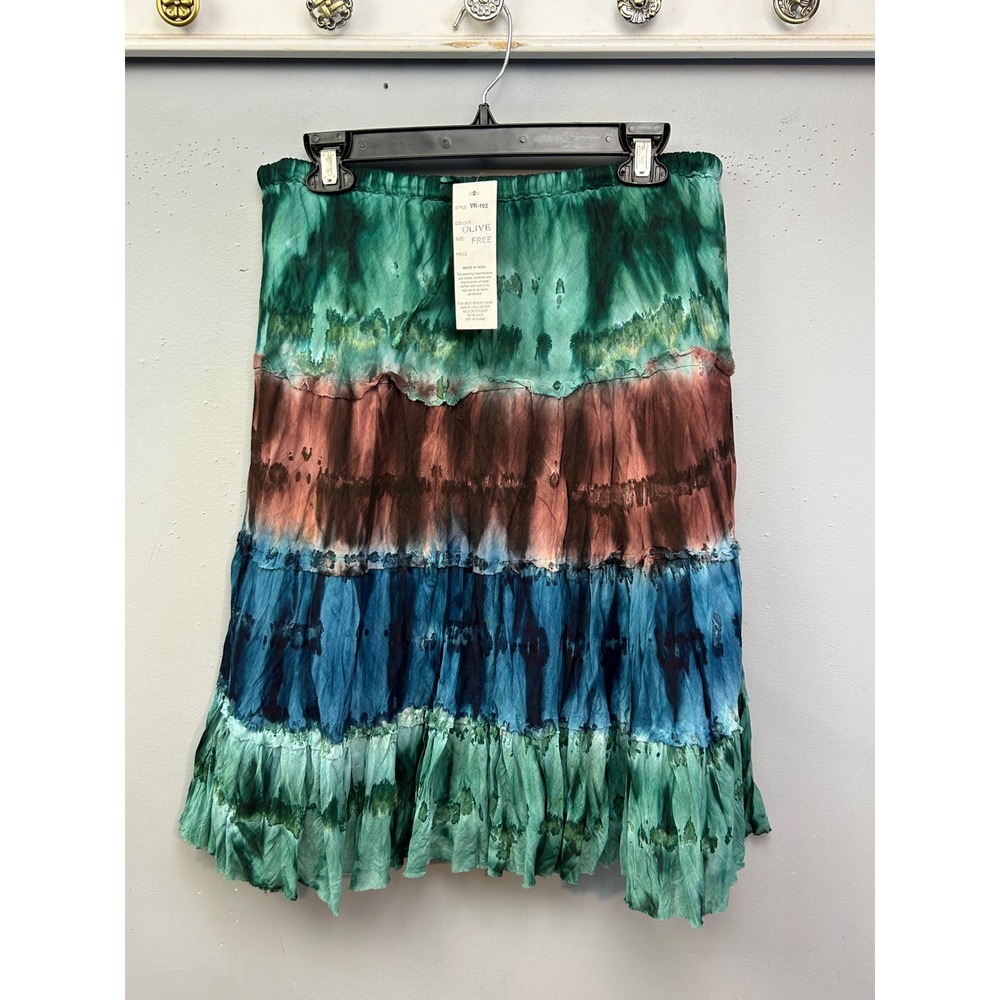 Fashion Fuse Skirt Womens Free Size Olive Tie Dye Tiered Midi Boho Festival NEW